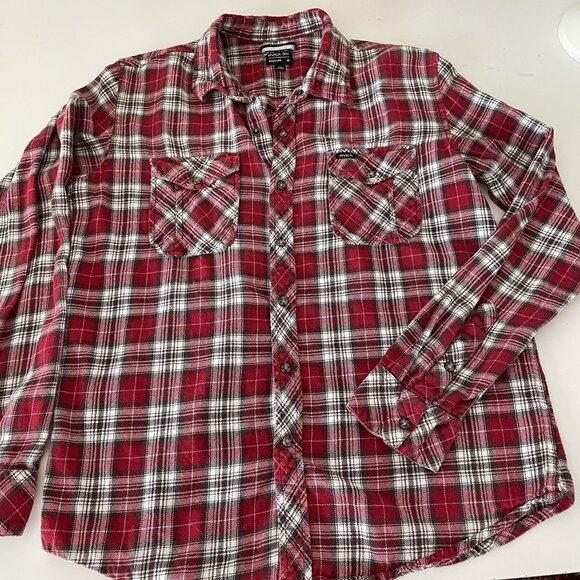 RVCA Shirt Mens Medium Red Brown Plaid Button Snap Western Flannel Long Sleeve - Picture 1 of 12